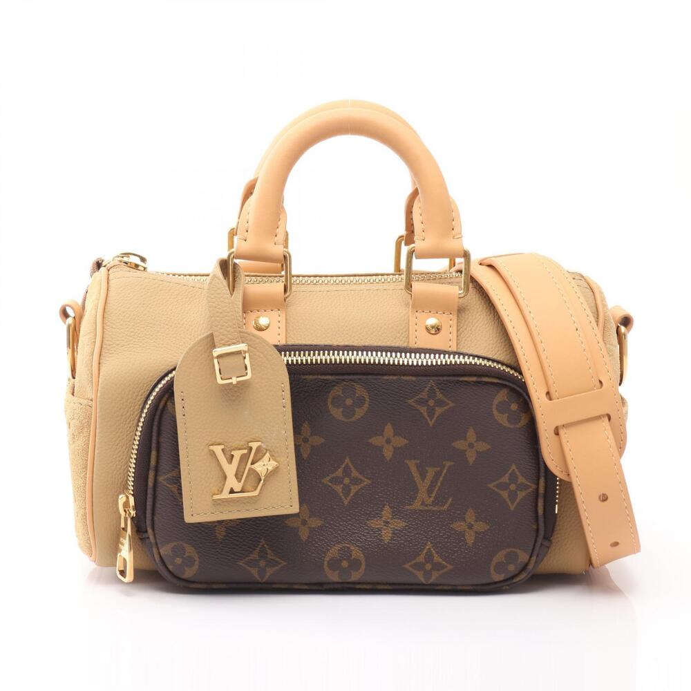Louis Vuitton Keepall Bandouliere Handbag Leather Suede Beige Brown